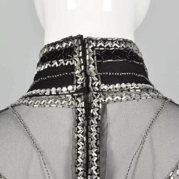 Bob Mackie Art Deco Gown Mandarin Neck Black Sheer Mesh, Deep V Plunge Beaded, - Picture 6 of 12